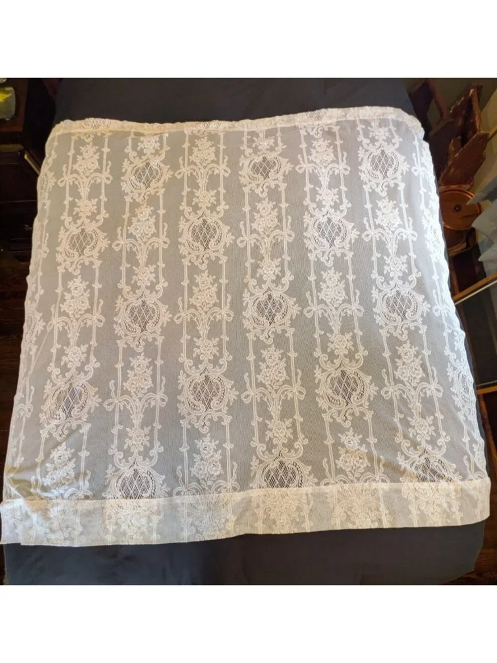 Vintage Lace Curtain Panels Set of 2 White Floral Bouquets Boho Cottagecore 60